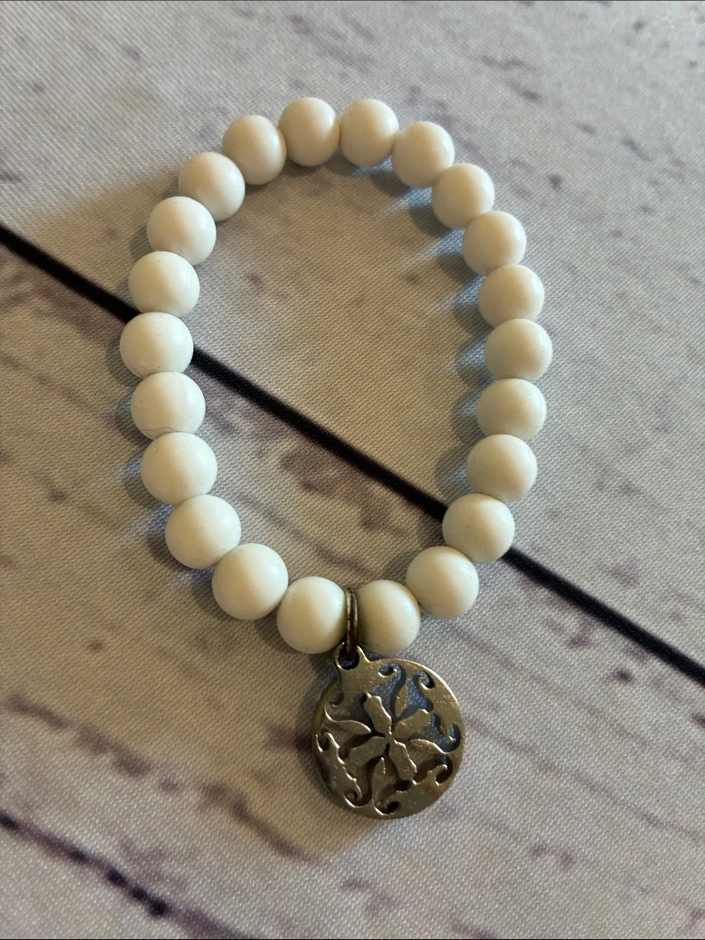 🎉NEW LISTING!🎉Rustic Cuff White Beaded Bracelet with Silver Charm